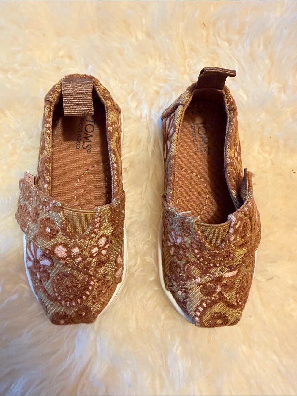 Toms Kids Slip-On Sneakers - Brown with Pink Floral Embroidery toddler size 5